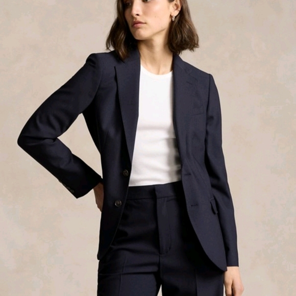 LAUREN RALPH LAUREN Navy Blue Double-Breasted Satin Lined Split Tail Blazer SZ M - Picture 1 of 15